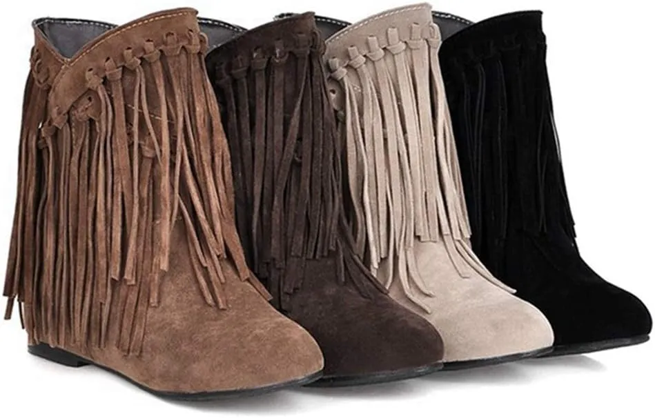 VOKLIN Women's Winter Suede Fringed Ankle Boots Fashion Round Toe Low Wedge Heel Dress Tassel Short Booties