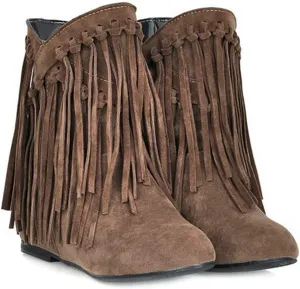 VOKLIN Women's Winter Suede Fringed Ankle Boots Fashion Round Toe Low Wedge Heel Dress Tassel Short Booties