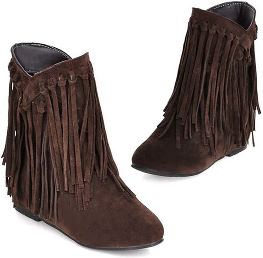 VOKLIN Women's Winter Suede Fringed Ankle Boots Fashion Round Toe Low Wedge Heel Dress Tassel Short Booties
