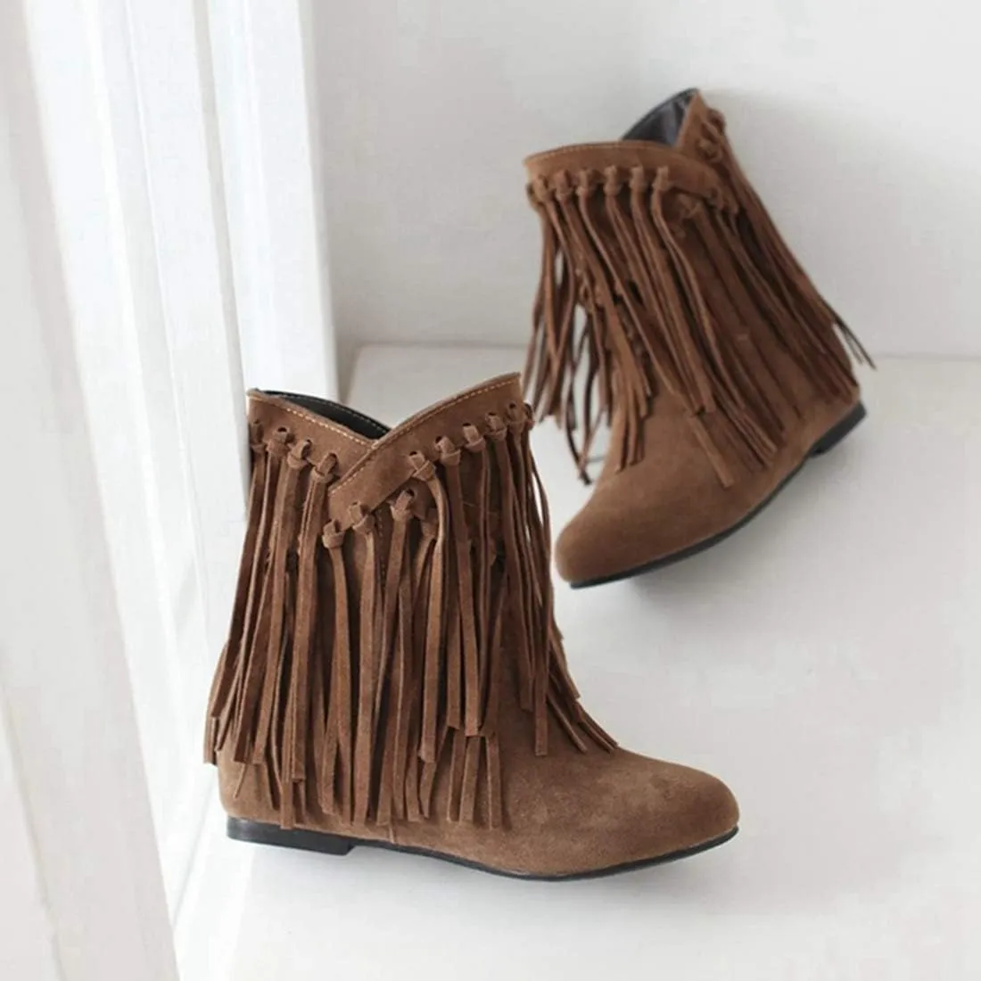 VOKLIN Women's Winter Suede Fringed Ankle Boots Fashion Round Toe Low Wedge Heel Dress Tassel Short Booties