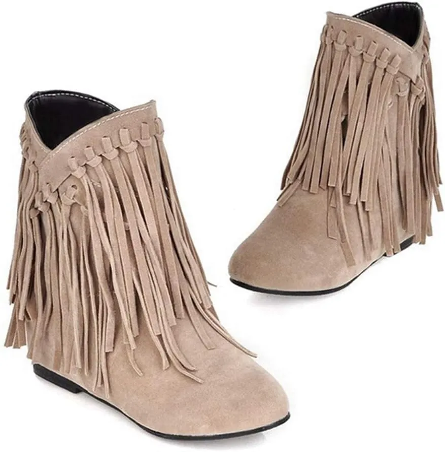 VOKLIN Women's Winter Suede Fringed Ankle Boots Fashion Round Toe Low Wedge Heel Dress Tassel Short Booties