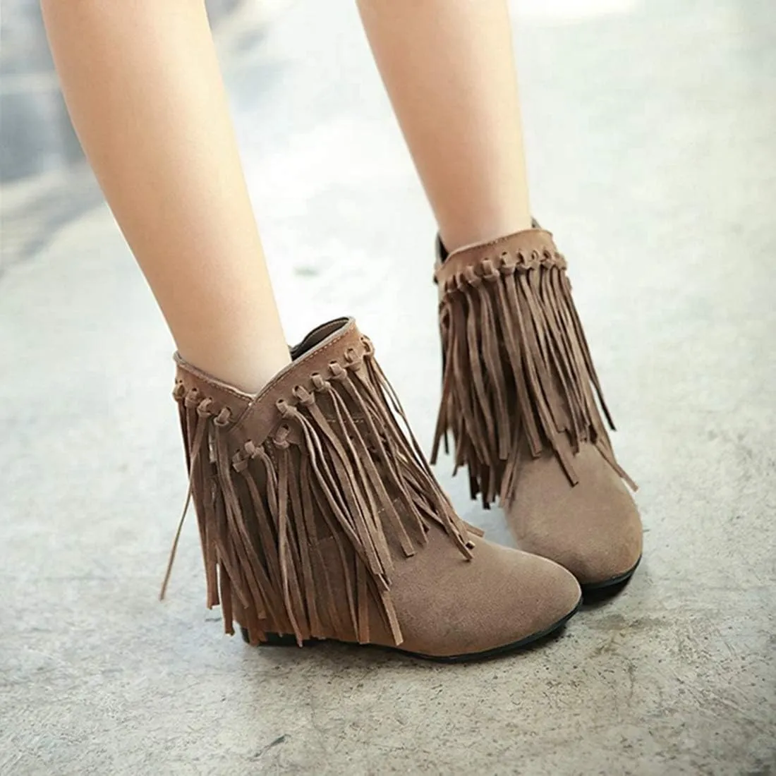 VOKLIN Women's Winter Suede Fringed Ankle Boots Fashion Round Toe Low Wedge Heel Dress Tassel Short Booties