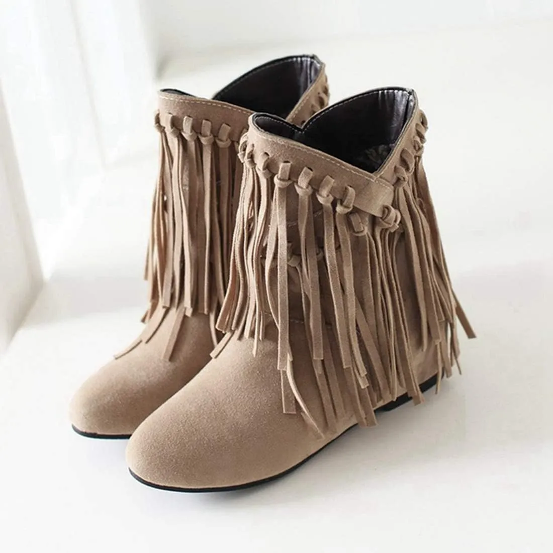 VOKLIN Women's Winter Suede Fringed Ankle Boots Fashion Round Toe Low Wedge Heel Dress Tassel Short Booties