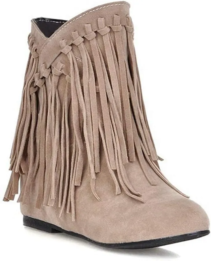 VOKLIN Women's Winter Suede Fringed Ankle Boots Fashion Round Toe Low Wedge Heel Dress Tassel Short Booties