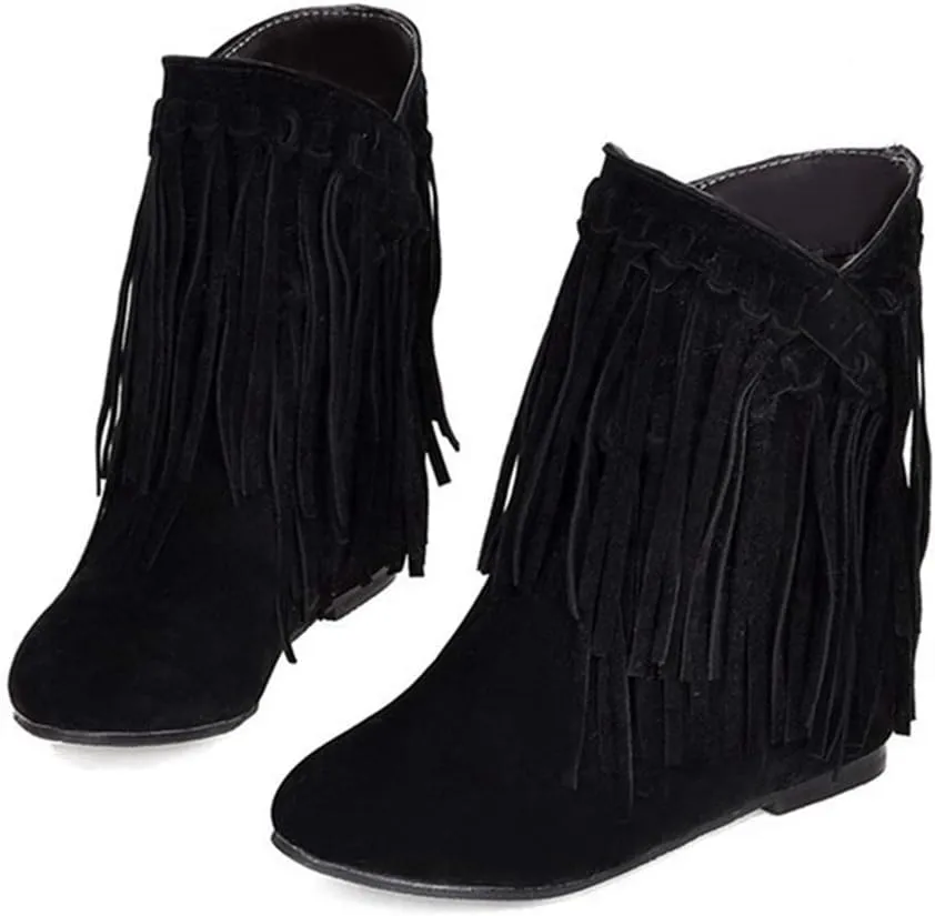 VOKLIN Women's Winter Suede Fringed Ankle Boots Fashion Round Toe Low Wedge Heel Dress Tassel Short Booties