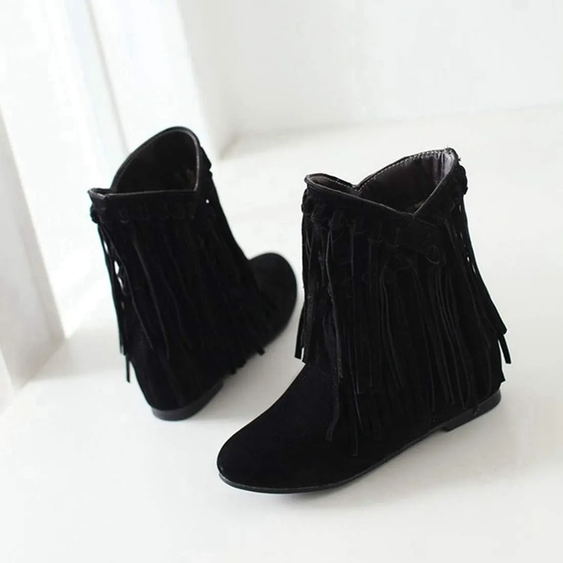 VOKLIN Women's Winter Suede Fringed Ankle Boots Fashion Round Toe Low Wedge Heel Dress Tassel Short Booties