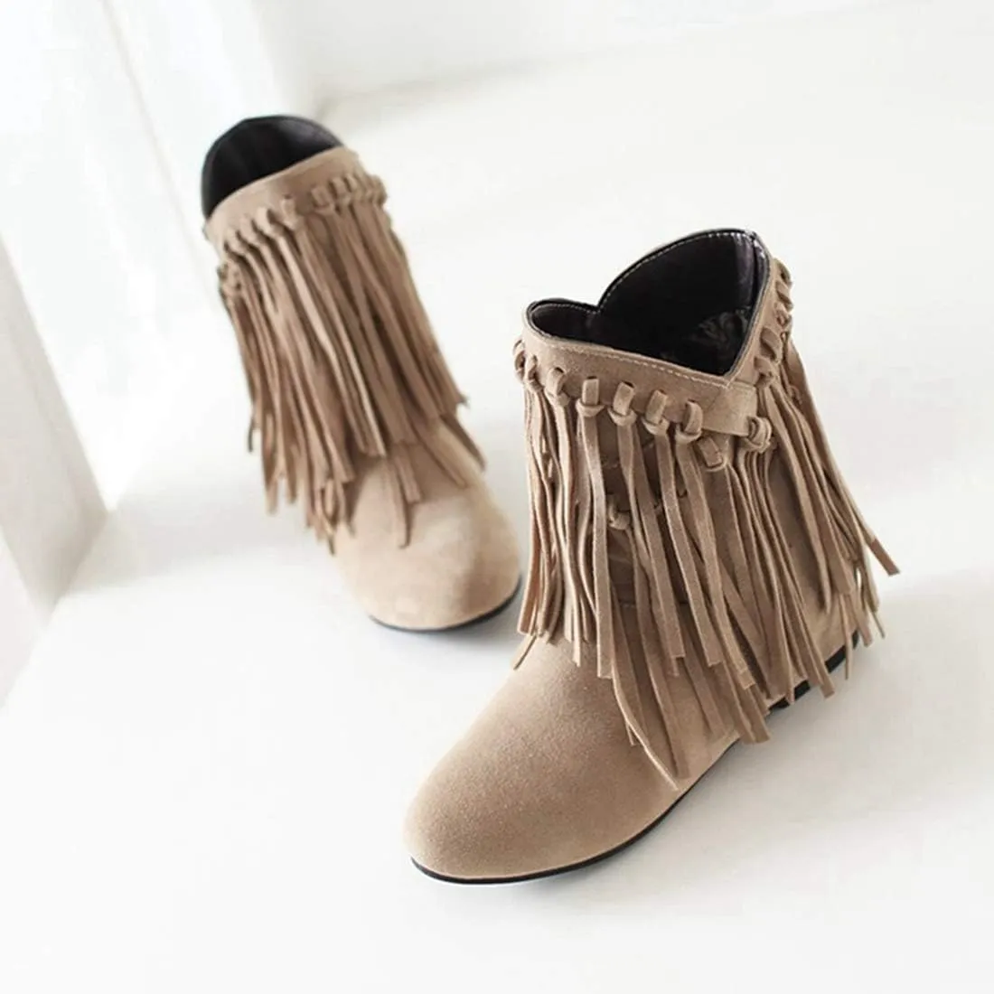 VOKLIN Women's Winter Suede Fringed Ankle Boots Fashion Round Toe Low Wedge Heel Dress Tassel Short Booties