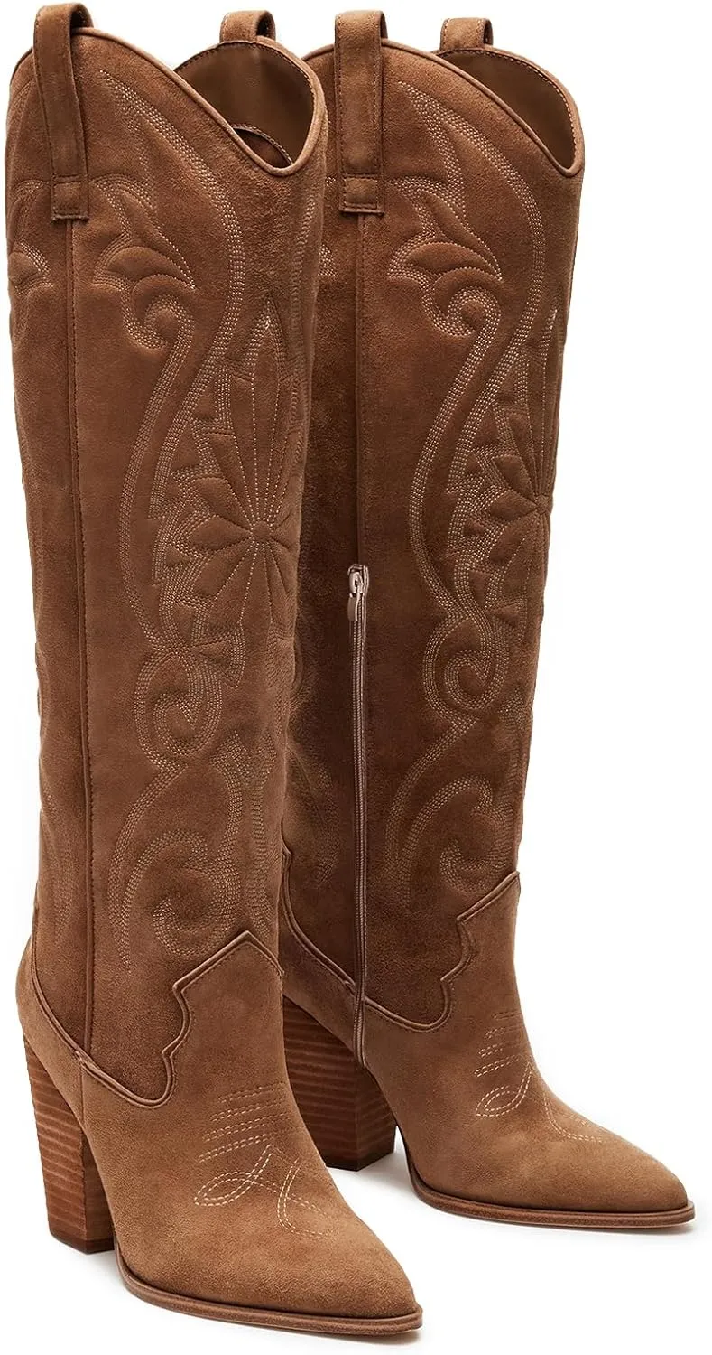 VOMIRA Knee High Cowboy Boots for Women Pointed Toe Chunky High Heels Pull-on Embroidered Boots Western Boots Wide Calf Cowgirl Boots