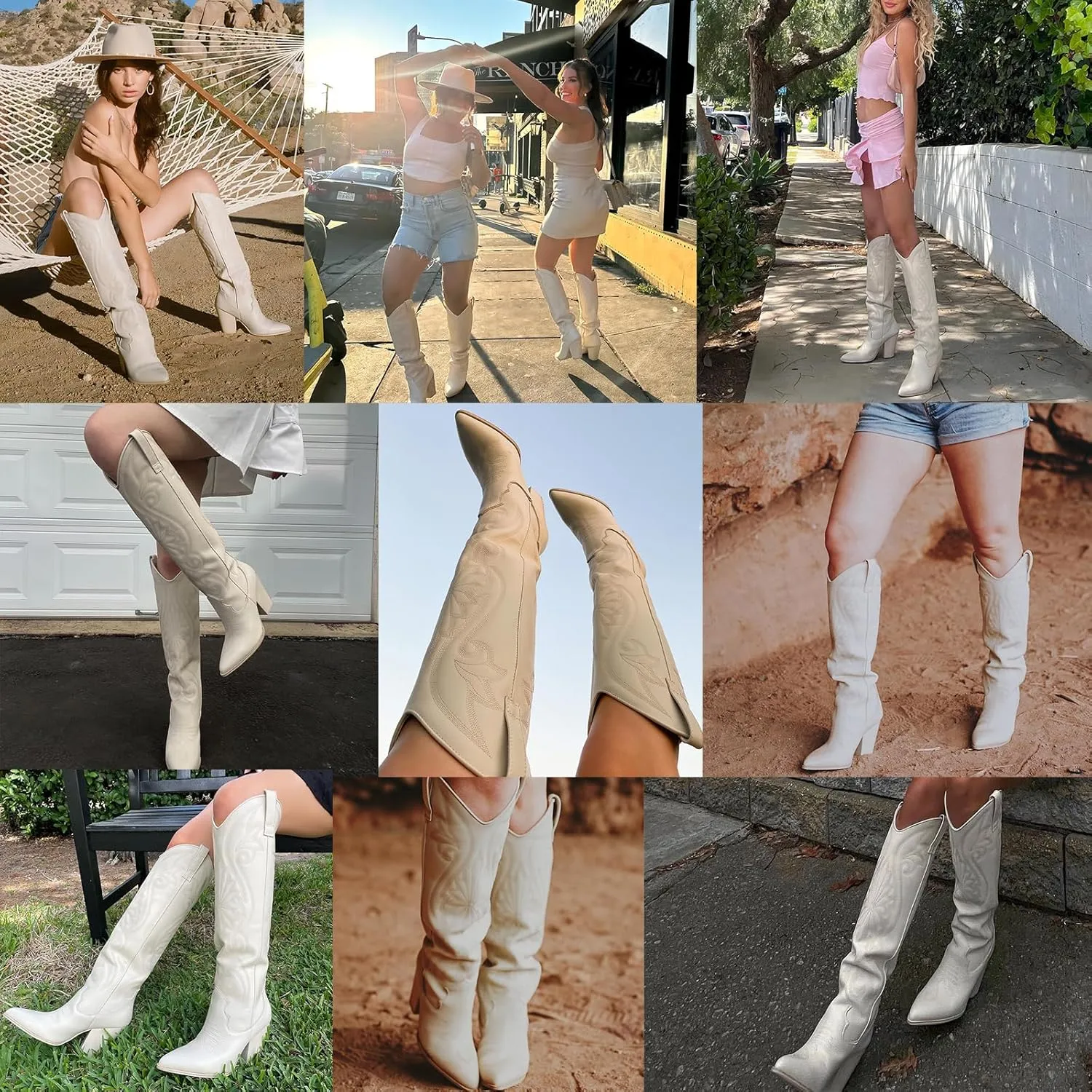 VOMIRA Knee High Cowboy Boots for Women Pointed Toe Chunky High Heels Pull-on Embroidered Boots Western Boots Wide Calf Cowgirl Boots