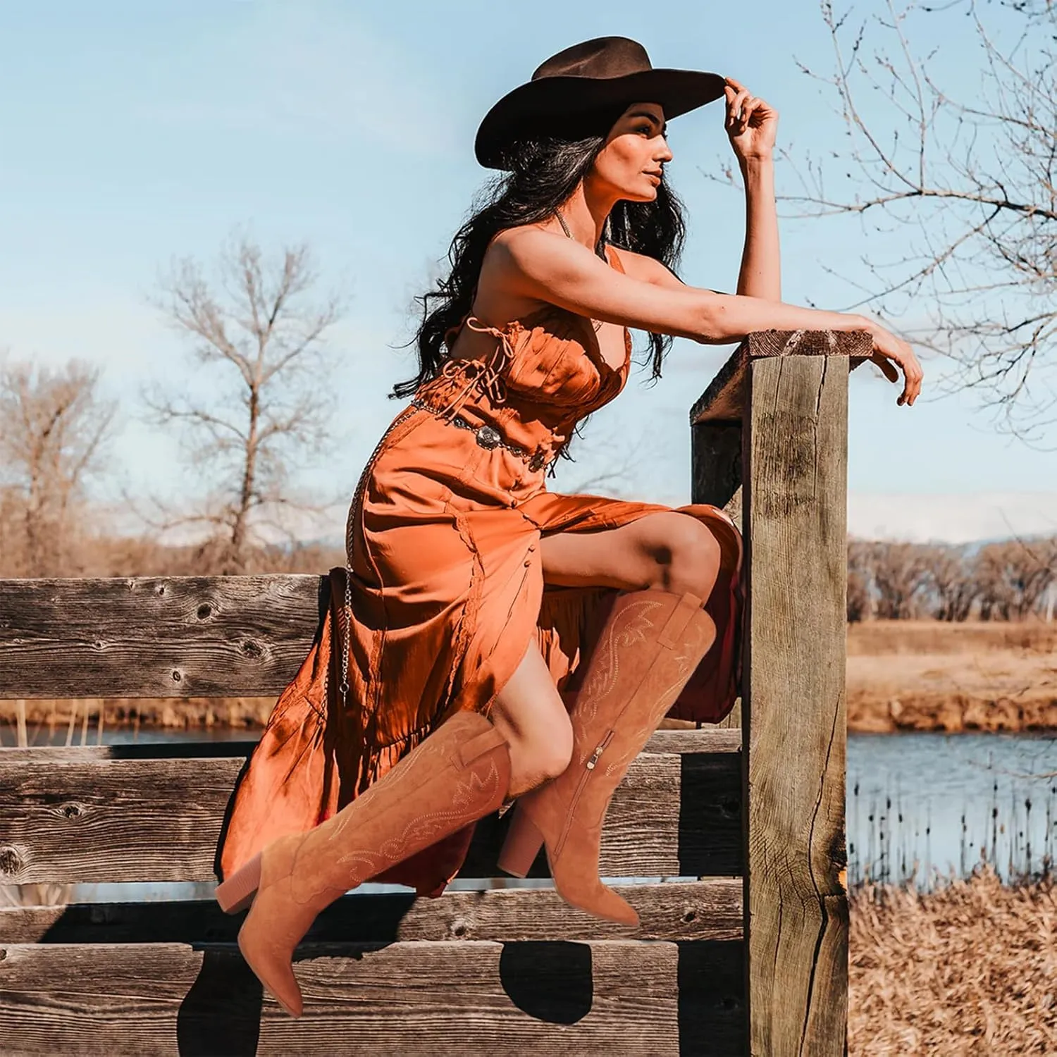 VOMIRA Knee High Cowboy Boots for Women Pointed Toe Chunky High Heels Pull-on Embroidered Boots Western Boots Wide Calf Cowgirl Boots
