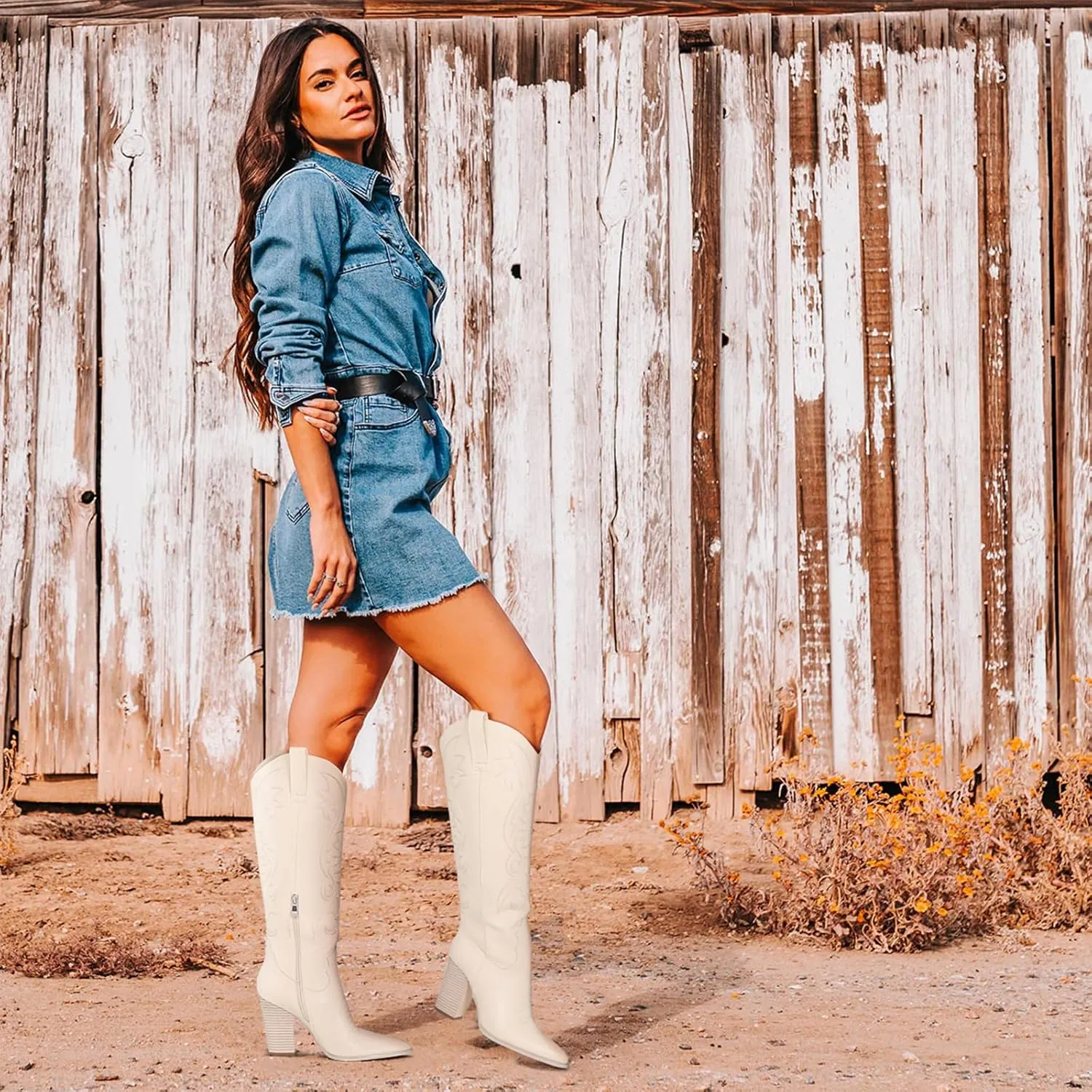VOMIRA Knee High Cowboy Boots for Women Pointed Toe Chunky High Heels Pull-on Embroidered Boots Western Boots Wide Calf Cowgirl Boots