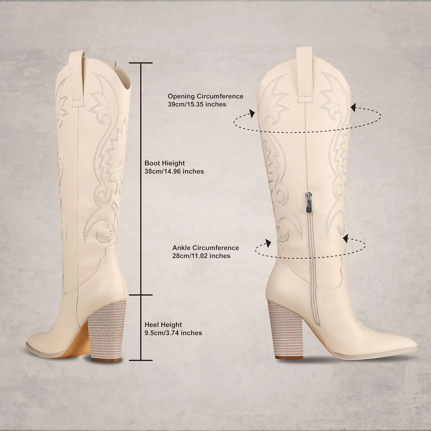 VOMIRA Knee High Cowboy Boots for Women Pointed Toe Chunky High Heels Pull-on Embroidered Boots Western Boots Wide Calf Cowgirl Boots