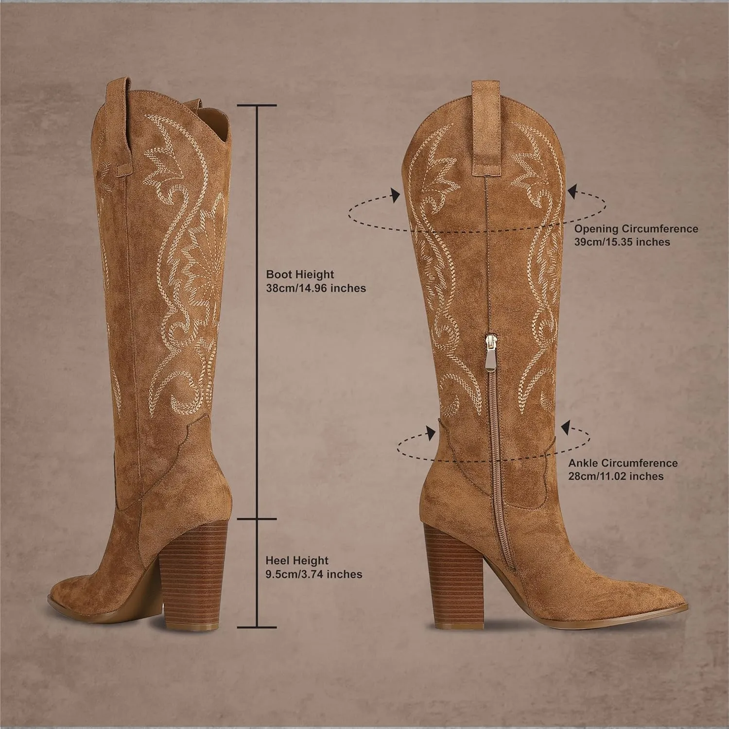 VOMIRA Knee High Cowboy Boots for Women Pointed Toe Chunky High Heels Pull-on Embroidered Boots Western Boots Wide Calf Cowgirl Boots