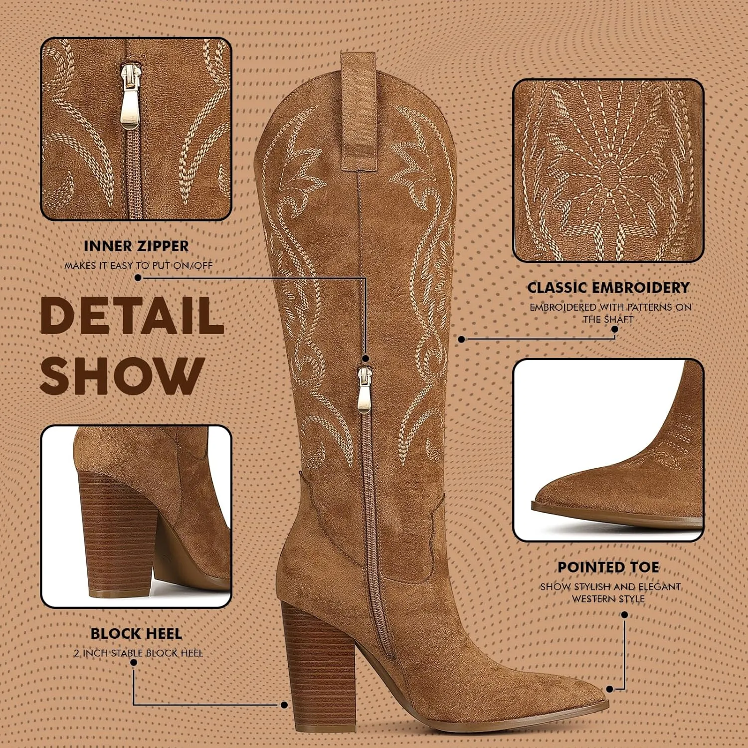 VOMIRA Knee High Cowboy Boots for Women Pointed Toe Chunky High Heels Pull-on Embroidered Boots Western Boots Wide Calf Cowgirl Boots