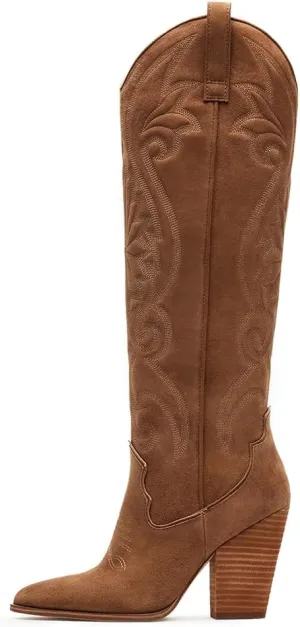 VOMIRA Knee High Cowboy Boots for Women Pointed Toe Chunky High Heels Pull-on Embroidered Boots Western Boots Wide Calf Cowgirl Boots