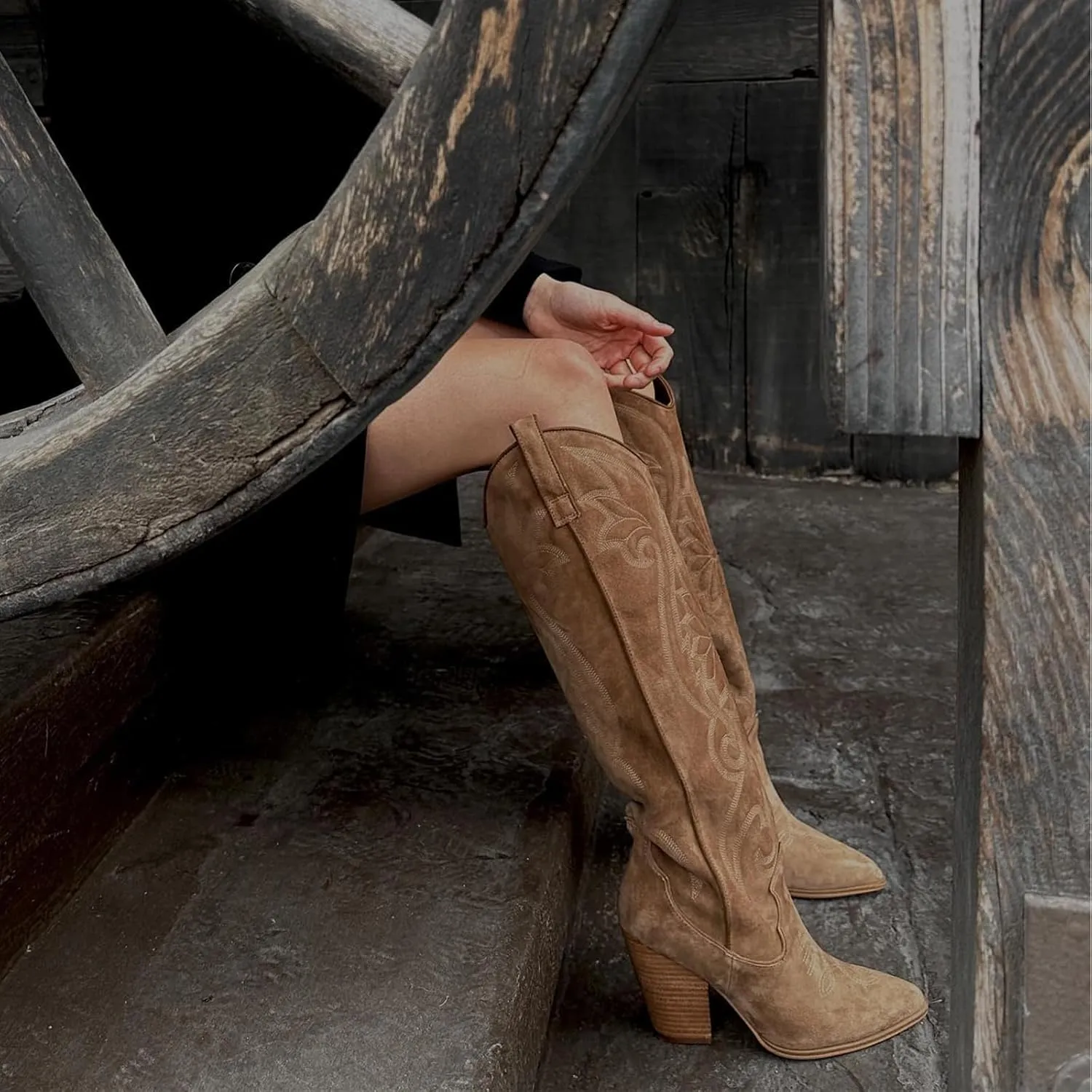 VOMIRA Knee High Cowboy Boots for Women Pointed Toe Chunky High Heels Pull-on Embroidered Boots Western Boots Wide Calf Cowgirl Boots