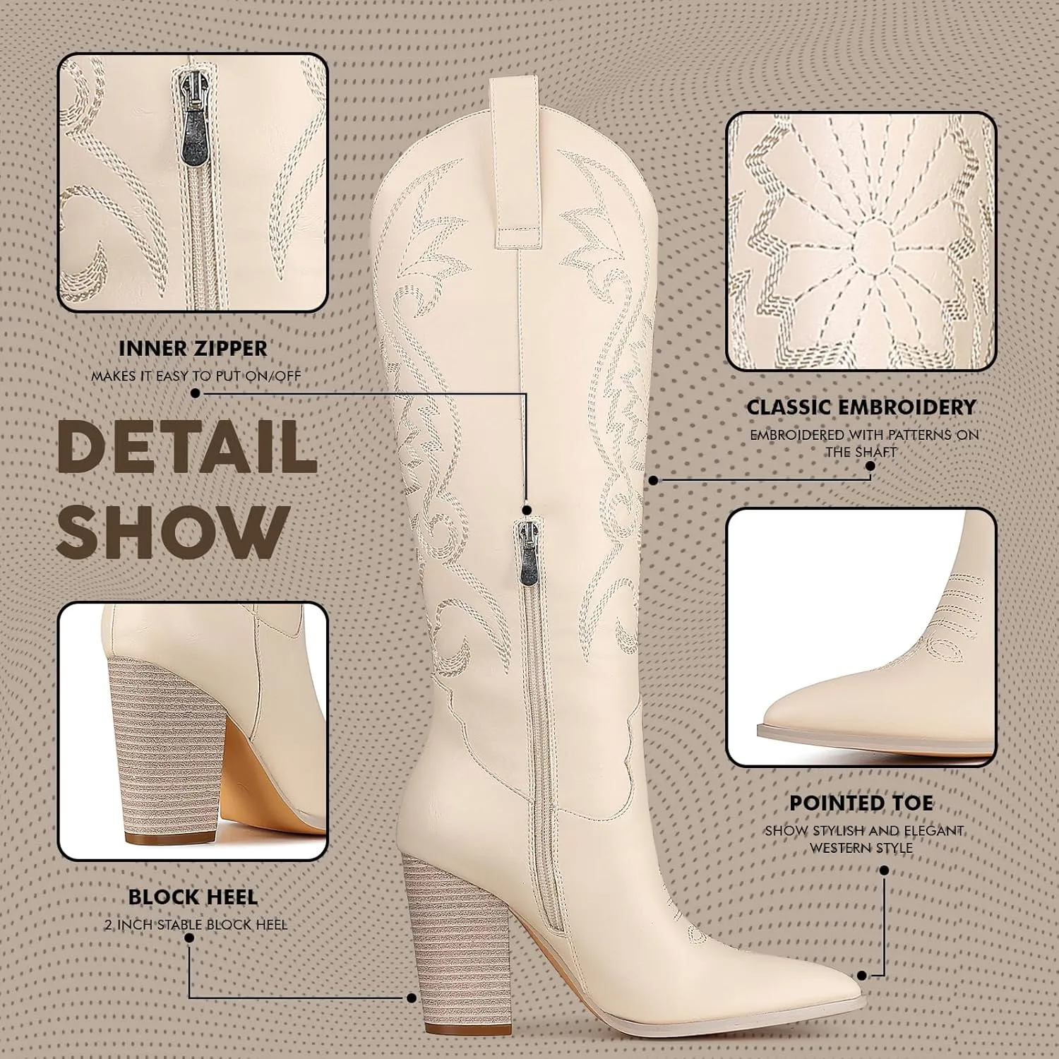 VOMIRA Knee High Cowboy Boots for Women Pointed Toe Chunky High Heels Pull-on Embroidered Boots Western Boots Wide Calf Cowgirl Boots