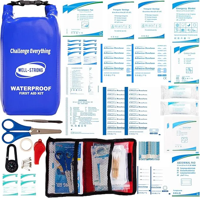 Waterproof First Aid Kit Roll Top Boat Emergency Kit with Waterproof Contents for Fishing Kayaking Boating Swimming Camping Rafting Beach Blue