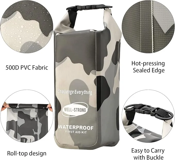 Waterproof First Aid Kit Roll Top Boat Emergency Kit with Waterproof Contents for Fishing Kayaking Boating Swimming Camping Rafting Beach Camouflage Grey