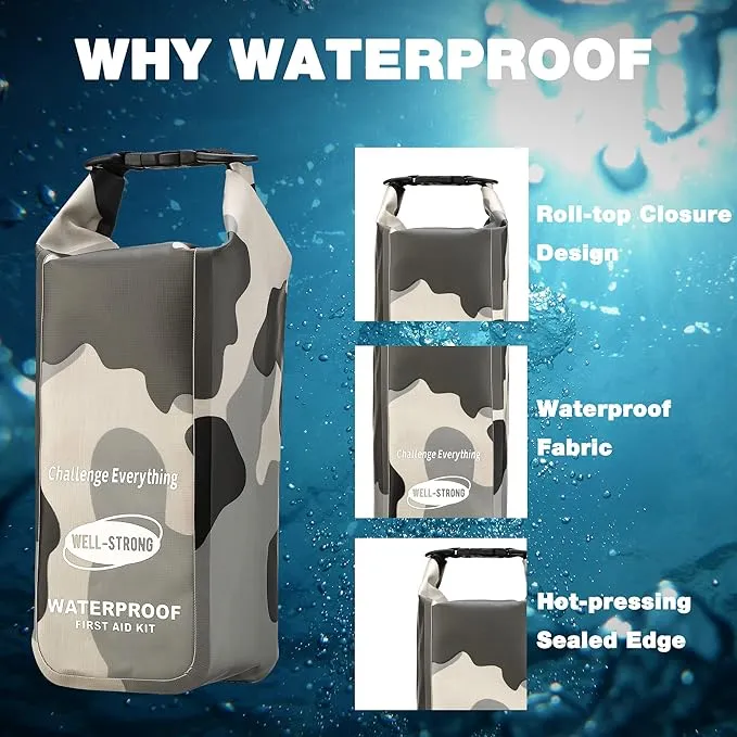 Waterproof First Aid Kit Roll Top Boat Emergency Kit with Waterproof Contents for Fishing Kayaking Boating Swimming Camping Rafting Beach Camouflage Grey