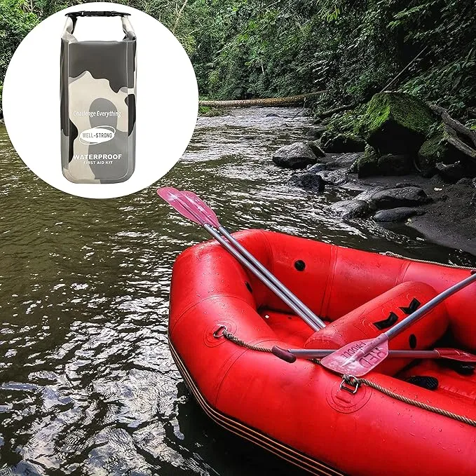 Waterproof First Aid Kit Roll Top Boat Emergency Kit with Waterproof Contents for Fishing Kayaking Boating Swimming Camping Rafting Beach Camouflage Grey