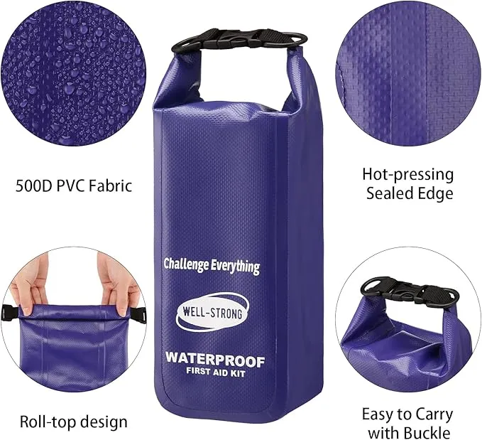 Waterproof First Aid Kit Roll Top Boat Emergency Kit with Waterproof Contents for Fishing Kayaking Boating Swimming Camping Rafting Beach Purple