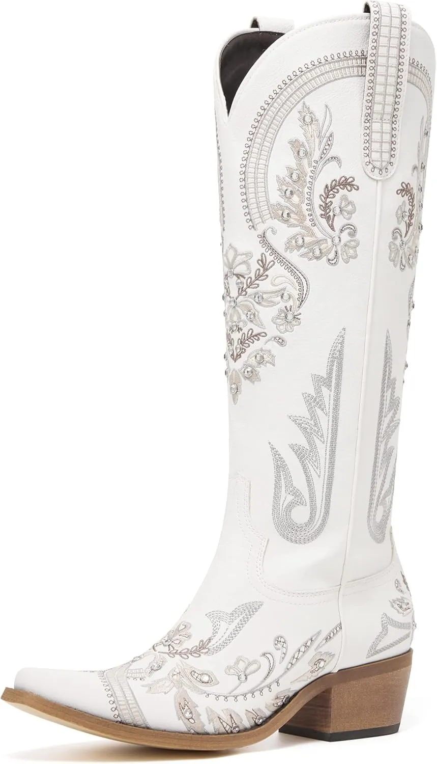 Western Cowboy Boots for Women Embroidered Rhinestones Knee High Cowgirl Boots Pointed Toe Chunky Heel Fashion Retro Classic Tall Boot