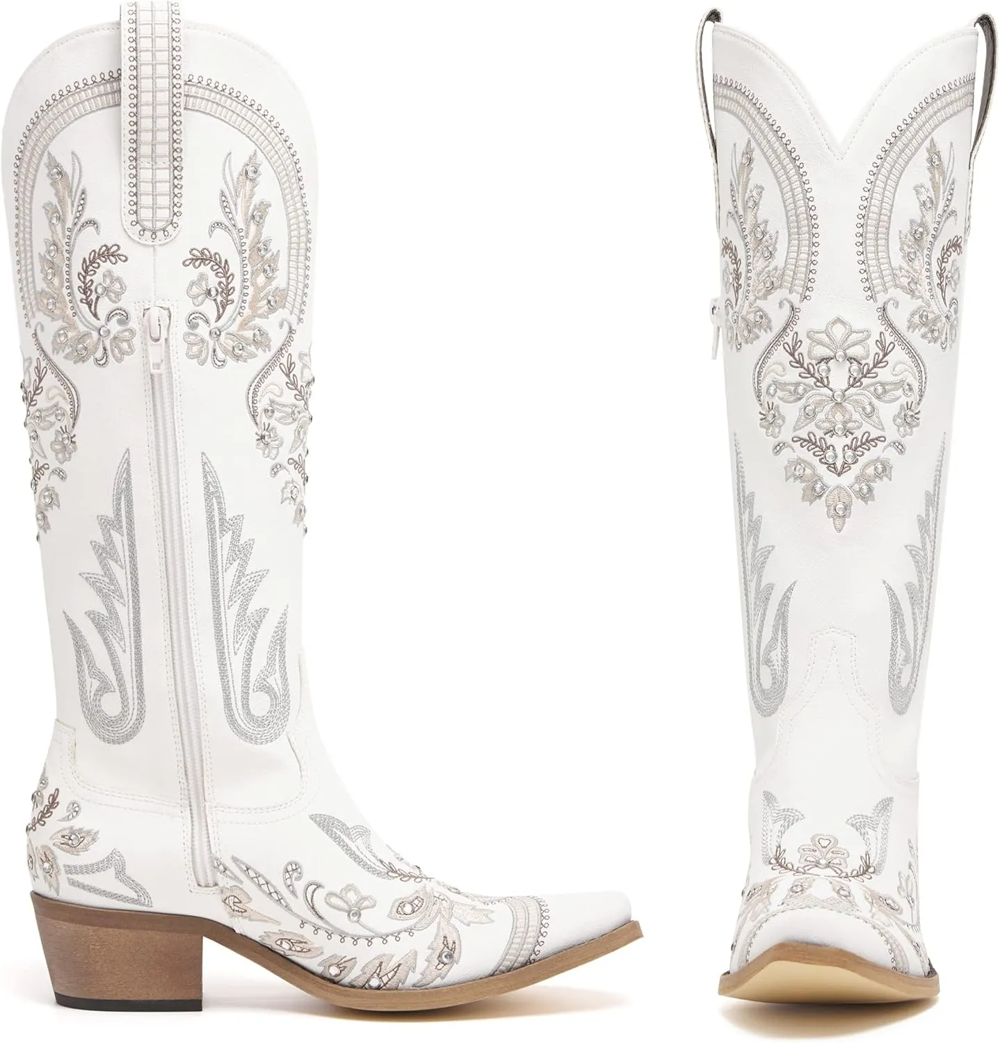 Western Cowboy Boots for Women Embroidered Rhinestones Knee High Cowgirl Boots Pointed Toe Chunky Heel Fashion Retro Classic Tall Boot