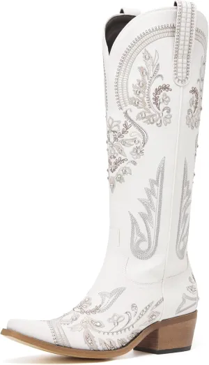Western Cowboy Boots for Women Embroidered Rhinestones Knee High Cowgirl Boots Pointed Toe Chunky Heel Fashion Retro Classic Tall Boot