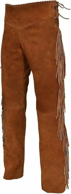 Western Suede Leather Pants with Fringe, Native American Style, Buckskin Color, Button Front