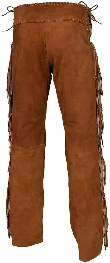 Western Suede Leather Pants with Fringe, Native American Style, Buckskin Color, Button Front