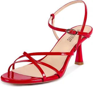 wetkiss Patent Red Heels for Women - Strappy Heels Low Kitten Sandals Comfortable Sandals Round Open Toe for Going Out Dressy Dancing Adjustable Ankle Strap, Patent Red, Size 8