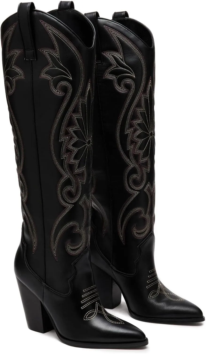 WIRALOMI Women Western Knee High Boots Embroidered Chunky Block Heel Cowboy Boots Pointed Toe Pull on Cowgirl Boots