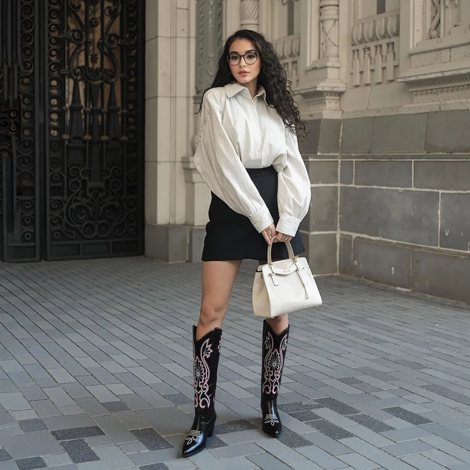 WIRALOMI Women Western Knee High Boots Embroidered Chunky Block Heel Cowboy Boots Pointed Toe Pull on Cowgirl Boots