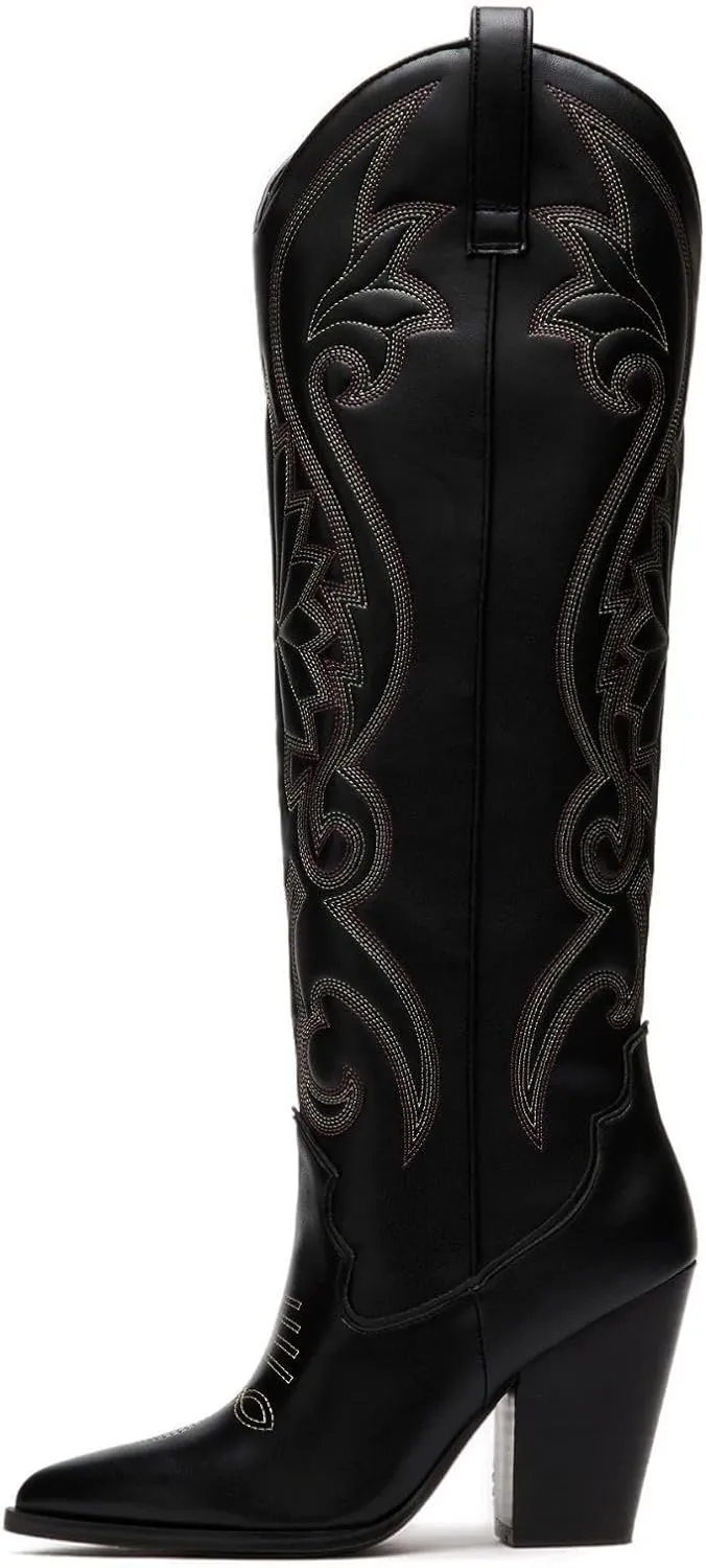 WIRALOMI Women Western Knee High Boots Embroidered Chunky Block Heel Cowboy Boots Pointed Toe Pull on Cowgirl Boots