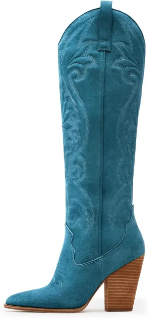 WIRALOMI Women Western Knee High Boots Embroidered Chunky Block Heel Cowboy Boots Pointed Toe Pull on Cowgirl Boots