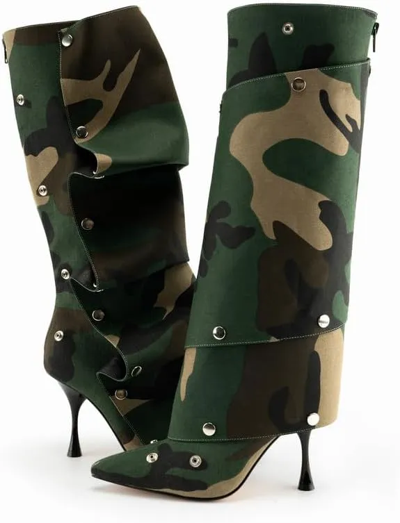 WIRALOMI Women's Slouchy Ruched Knee High Boots Black Stud Pointed Toe Stiletto Heels Casual Modern All Season Boots with Detachable Snap Panel