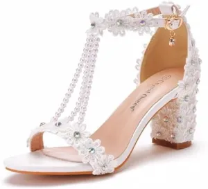 Woman Embroidered Flower Chunky High Heel Fish Mouth Sandals with Adjust Ankle Strap Color Beads Fashion Elegant Block Heel Open Toe Bride Pumps for Wedding Party Dress