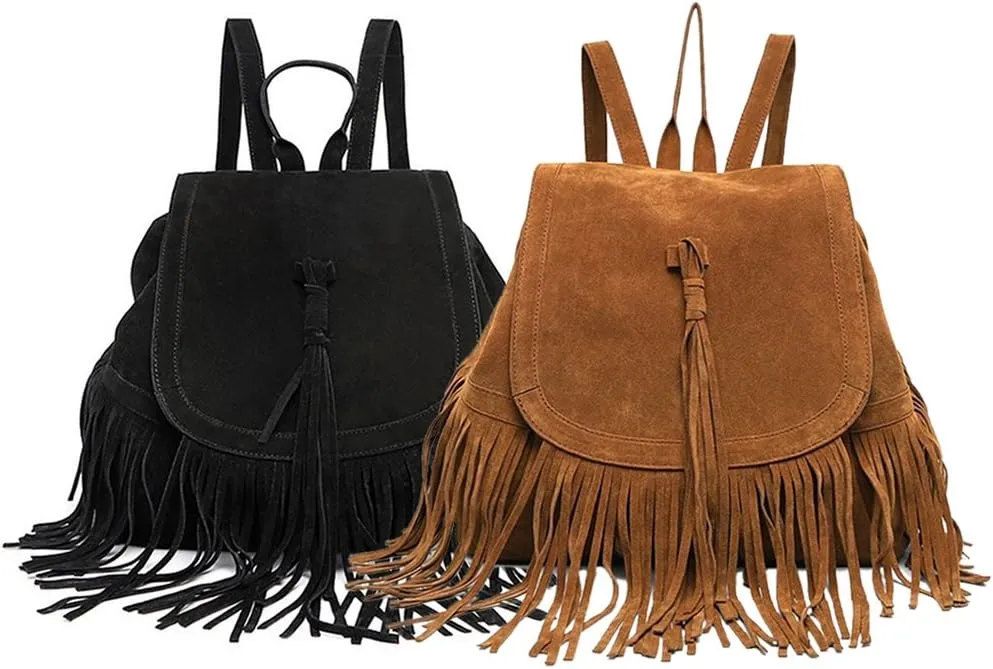 Women Backpack Purse Suede Fringed Tassel Shoulder Bag Fashion PU Leather Travel Bag Daypacks Purse