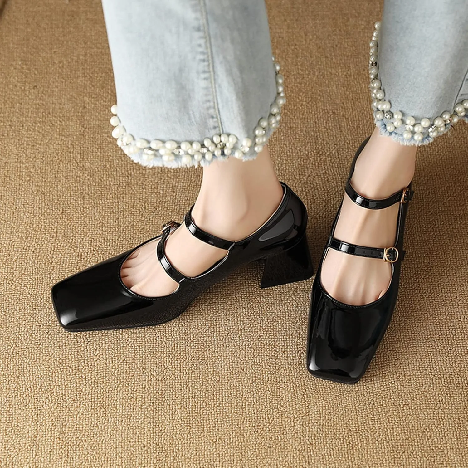 Women Doubled Monk-Strap Mary Jane Pumps Square Toe Patent Leather Chunky Block Heel Dress Shoes