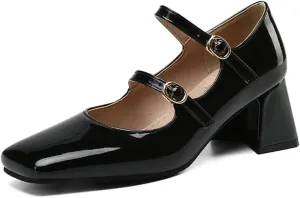 Women Doubled Monk-Strap Mary Jane Pumps Square Toe Patent Leather Chunky Block Heel Dress Shoes