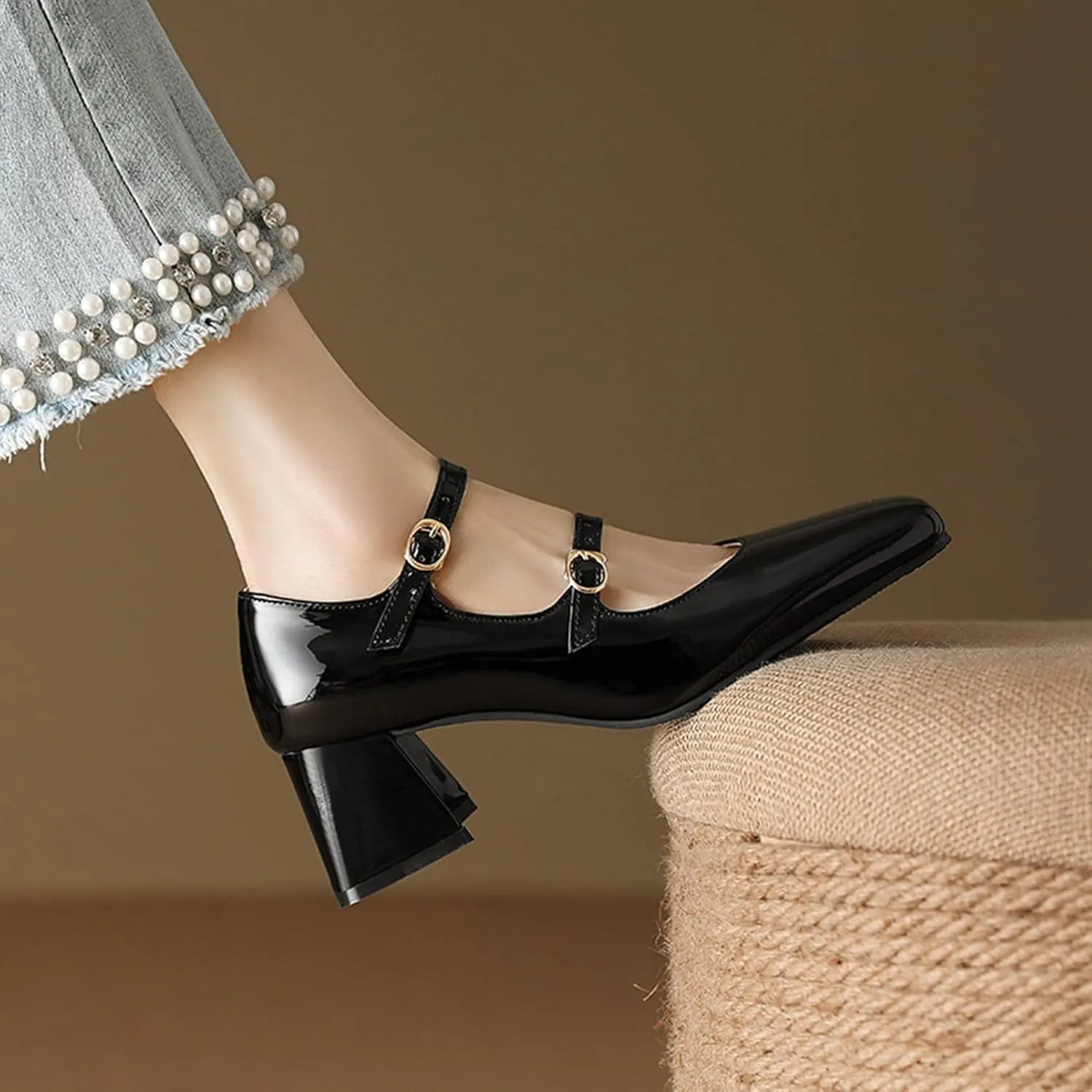 Women Doubled Monk-Strap Mary Jane Pumps Square Toe Patent Leather Chunky Block Heel Dress Shoes