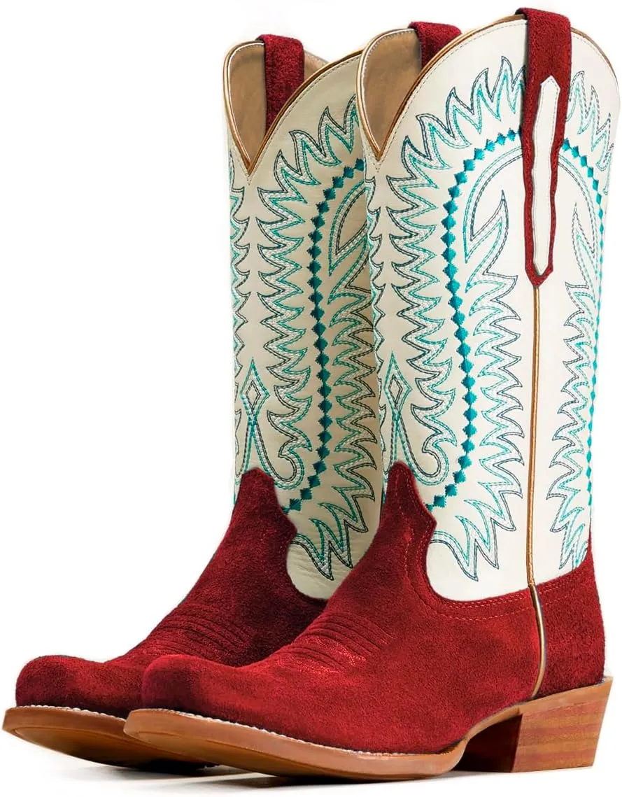 Women Mid Calf Cowboy Boots Embroidered Square Toe Chunky Heel Western Boots Calf High Two Tone 2” Stacked Heel Cowgirl Calf Boots Patchwork Matte Suede Pull On Wide Calf 4-11 M US