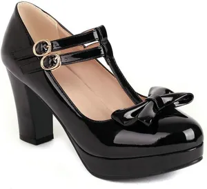 Women Round Toe Platform Dress Pumps Bow Fashion PU Leather Non Slip Ankle T-Strap High Heel Shoes