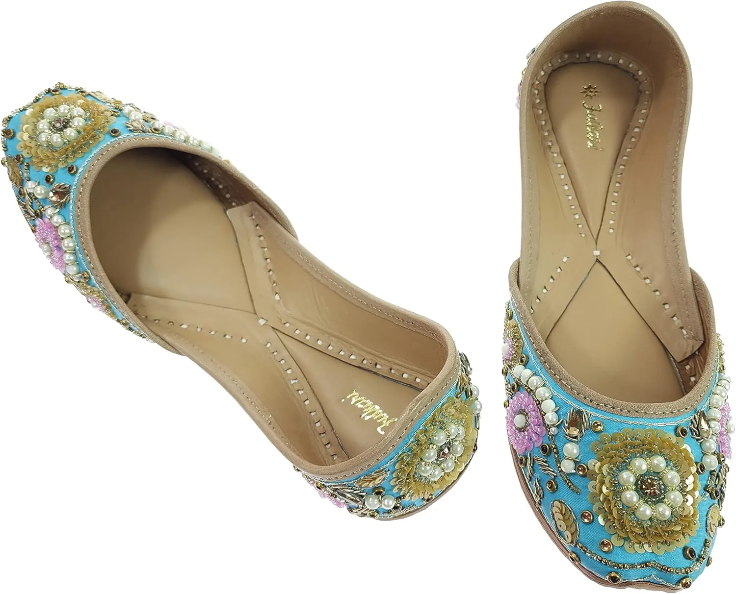 Women's Bergenia Gold Genuine Soft Leather Embroidered Jutis | Bite and Pinch Free Jutti | Punjabi Formal Juttis | Girl's Wedding Flat Ladies Mojari | Formal Ethnic Juti |