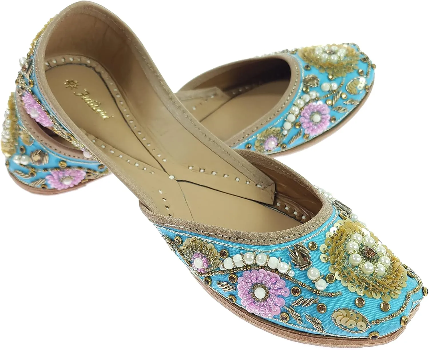 Women's Bergenia Gold Genuine Soft Leather Embroidered Jutis | Bite and Pinch Free Jutti | Punjabi Formal Juttis | Girl's Wedding Flat Ladies Mojari | Formal Ethnic Juti |