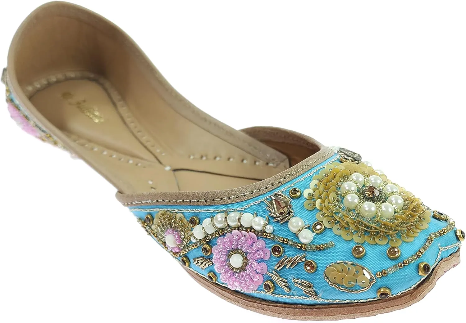 Women's Bergenia Gold Genuine Soft Leather Embroidered Jutis | Bite and Pinch Free Jutti | Punjabi Formal Juttis | Girl's Wedding Flat Ladies Mojari | Formal Ethnic Juti |