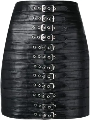 Women's Black Lambskin Leather Soft High Waist Buckled Moto Mini Sexy Skirt