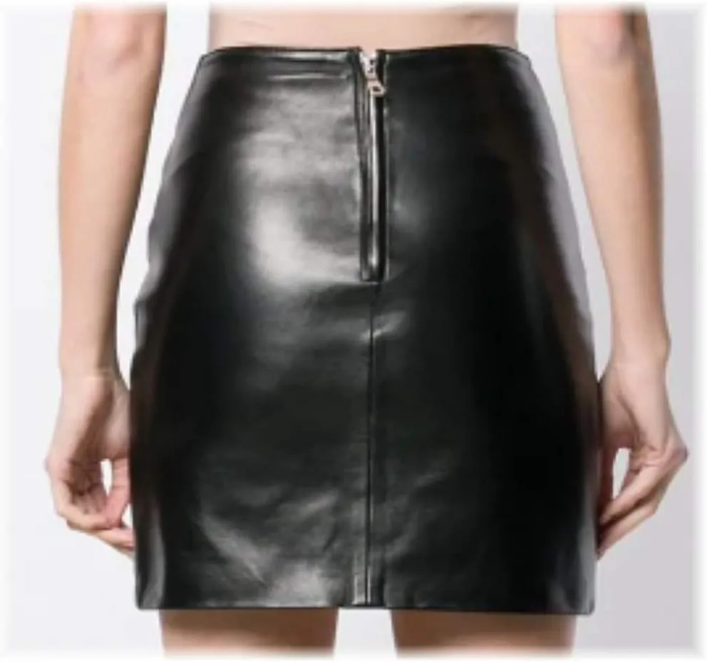 Women's Black Lambskin Leather Soft High Waist Buckled Moto Mini Sexy Skirt
