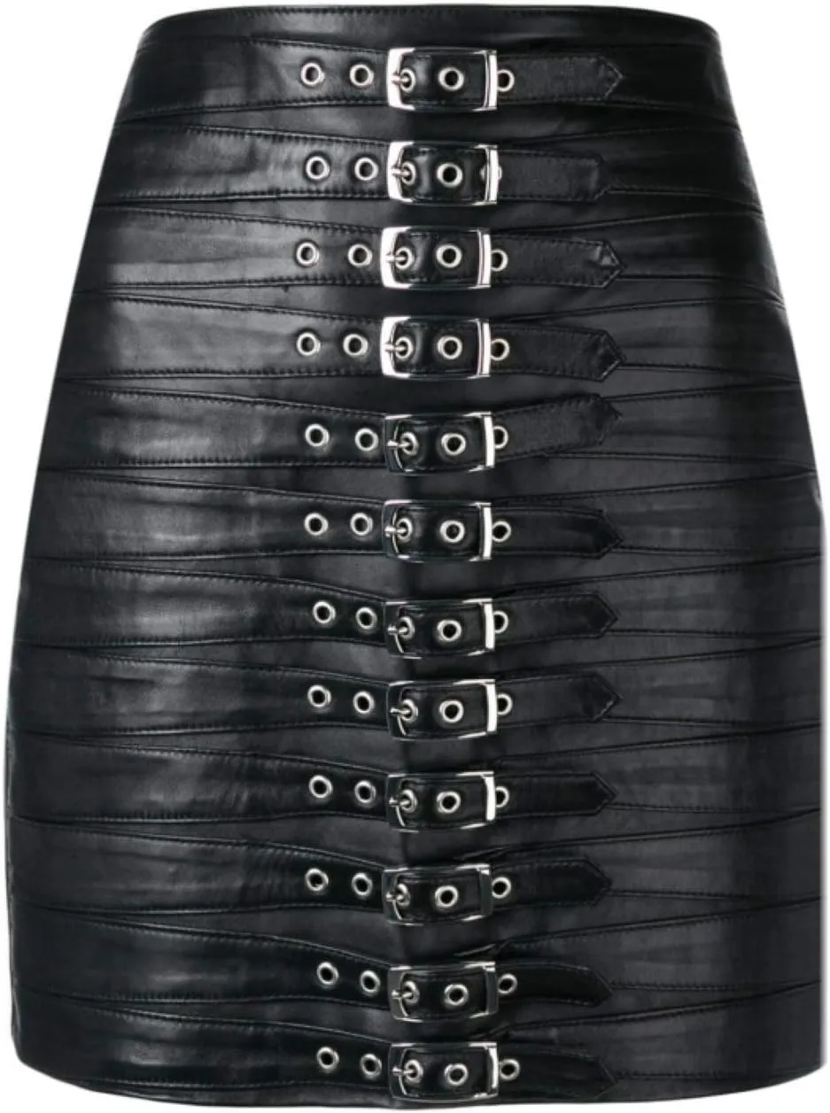 Women's Black Lambskin Leather Soft High Waist Buckled Moto Mini Sexy Skirt